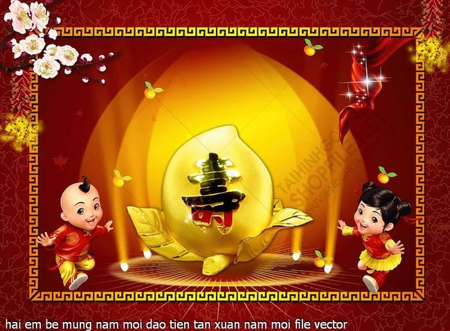 hai em be mung nam moi dao tien tan xuan nam moi file vector